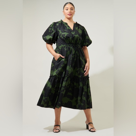 Sugarlips Green and Black Floral Midi Dress - Picture 4 of 9